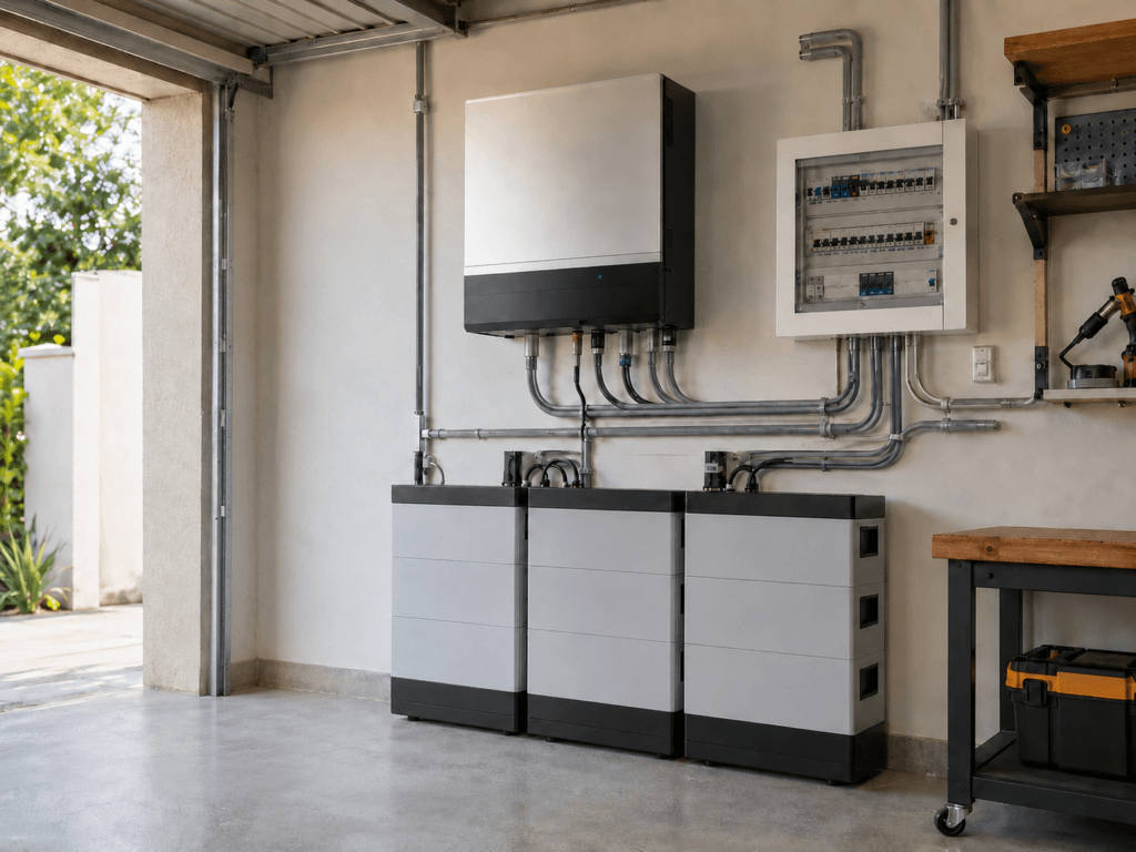 Profissional conferindo sistema energia solar hibrido com baterias